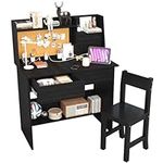 SFDOU Black Kids Desk and Chair Set for 5-12 Year Old, Childrens Computer Desk with Drawers and Storage Shelf, Kids Study Table with Charging Station