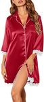 Ekouaer Satin Nightgowns for Women Button Down Sleepshirt 3/4 Sleeve Nightshirts Boyfriend Sleepwear Wine Red XXL