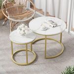 Semiocthome Round Nesting Coffee Table, White and Gold Nesting Tables for Living Room Set of 2 End Tables Wood Surface Top Sturdy Metal Leg Balcony Side Sofa Table for Modern Home Furniture