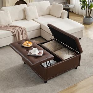 Tbfit Large Square Storage Ottoman Bench, Tufted Upholstered Coffee Table Ottoman with Lift Top & Solid Wood Legs, Oversized Storage Ottomans Toy Box for Living Room (Dark Brown)