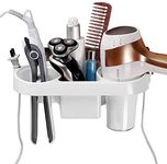 COAWG Adhesive Hair Dryer Holder, Wall Mounted No Drilling Plastic Bathroom Blow Drier Storage with Plug Hook, Hair Care Tools Organizer Basket with Cups for Curling Flat Straight Hot Iron