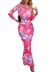 PRETTYGARDEN Women's Bodycon Maxi Dress Fall Fashion Long Sleeve Floral Print Tight Fitted Party Club Ruched Dresses (Rose Red,Medium)