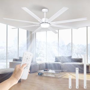 72 Inch Large Industrial Ceiling Fan with Light and Remote-8 Aluminium Blades Ceiling Fan with Energy Efficient DC Motor, Reversible Airflow-Ideal for Living Room,Patio,Garage,Commercial Spaces, White