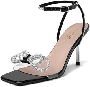 Susanny Black Heels for Women Rhinestone Wedding Strappy Sandals Sparkly Clear Bow Kitten Heels Sexy Ankle Strap Bridal Party Dress Shoes 9.5