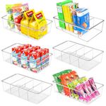 6 Pack Food Storage Organizer Bins Clear Plastic Removable Snack Organizer Pantry Organization Storage Racks with 3 Dividers, Kitchen, Cabinets Snacks, Packets, Spices, Pouches Stackable Bins