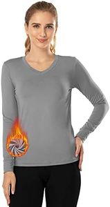 MANCYFIT Fleece Lined Shirt V Neck Thermal Tops for Women Long Sleeve Base Layer Grey X-Large
