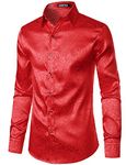 ZEROYAA Men's Shiny Satin Rose Floral Jacquard Long Sleeve Button Up Dress Shirts for Party Prom, Zlcl38-red, Large