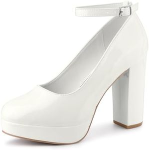 Allegra K Women's Platform Ankle Strap Chunky Heel White Mary Janes Pumps 9 M US