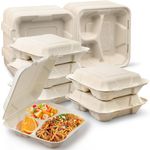 80 Pack Clamshell Take Out Food Containers [8X8" 3-Compartment] Heavy-Duty Quality to go Containers, Natural Disposable Bagasse, Eco-Friendly Biodegradable Made of Sugar Cane Fibers