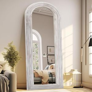 ZHUNFA Arched Full Length Mirror with Solid Wood Frame, 65x22 Farmhouse Wall Mirror Full Length with Stand, Vertical Hanging, Leaning Standing for Bedroom, Living Room, Rustic White
