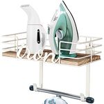 TJ.MOREE Ironing Board Hanger Wall Mount - Laundry Room Iron and Ironing Board Holder, Metal Wall Mount with Large Storage Wooden Base Basket and Removable Hooks (White)