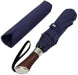 Balios (Designed in UK) Travel Folding Umbrella Lux Hardwood Handle Auto Open & Close Windproof Single Canopy (Dark Navy)