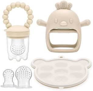 3 Pack Silicone Teething Mitten for Babies with Baby Fruit Food Feeder & Freezer Tray Set, BPA Free Infant Teething Relief Toy for 3 Month+, Additional Silicone Sacs