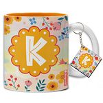 Jhingalala Creative Colorful Floral Letter Alphabet K Printed Ceramic Coffee Mug with Keyring- 11 Oz Mug Gift for Girls