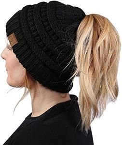 Funky Junque Messy Bun Womens Winter Knit Hat Beanie Tail - Black