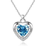 EXGOX Silver Heart Necklaces, 925 Sterling Silver Necklace for Women Crystal Heart Necklace Dainty Love Heart Necklace Adjustable Silver Chain Necklace Women Birthday Gift (Blue-Crystal Heart)