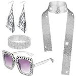 Alviller 5Pcs 70s Disco Accessories, Disco Costume Set with Sequins Scarf Earrings Rhinestone Thick Frame Sunglasses and Bracelet Fancy Dress Kit for Women Girls Retro 70 80 Theme Party