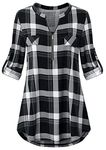 Odosalii Womens Zip Up Plaid Tunic Blouse Rolled Up Sleeve Polo Top Check Shirts, #1black, XL