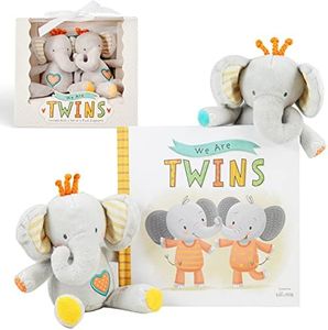 Tickle & Main We are Twins, Baby and Toddler Twin Gift Set, Keepsake Book and Set of 2 Plush Elephant Rattles for Boys and Girls