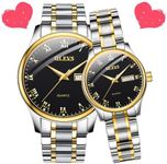 OLEVS His and Her Couple Watches Business Men Women Couple Set Pair Black Watch Matching Romantic Quartz Stainless Steel Waterproof Date