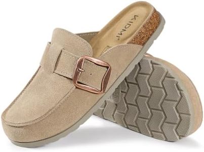 KIDMI Genuine Suede Clogs for Women Cork Footbed Leather Mules Slip On with Comfort Memory Foam and Adjustable Buckle, Taupe 43