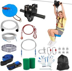FAHKNS 250FT Zip Line Kit for Kids Adults: Up to 400LBS Quick Tighten Zipline for Backyard with Rust Proof Removable Trolley,Spring Brake,Height Adjustable Seat,Outdoor Kids Play Equipment