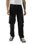 The Souled Store Denim: Black Men and Boys Buttoned Cotton Blend Solid Straight Fit Cargo Jeans