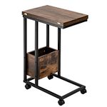 Hadulcet Sofa Side Table, Foldable End Table with Storage Basket, C Shaped Table with Wheels for Living Room Bedroom Small Spaces, Rustic Brown