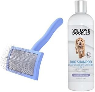 We Love Doodles Medium Curved Slicker Brush and 4-in-1 Dog Shampoo (Lavender) Bundle - Goldendoodle Brush for Dematting & Shedding - Shampoo for Goldendoodles, Poodles & Doodles - Made In USA