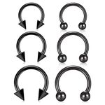 Longita 6PCS 16G Stainless Steel Horseshoe Nose Hoop Rings Eyebrow Lip Ear Rings Tragus Earrings Septum Piercing Ear Helix Cartilage Daith Conch Body Piercing Jewellery Dia 8-12mm-Black