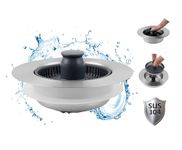 Hibbent Upgraded 3 in 1 Kitchen Sink Drain Strainer and Stopper Combo, Stainless Steel Metal Pop Up Sink Stopper, Anti-Clogging Basket Strainer with Handle for US Standard 3-1/2 Inch Drain, Grey