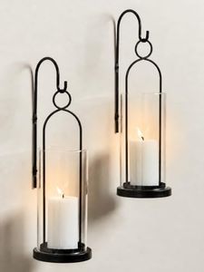 Matte Black Hurricane Wall Candle Sconces Set of 2, Wall Candle Holder | Metal Lantern with Hurricane Glass for Pillar Candles , Modern Farmhouse Candle Holder for Living Room Porch Fireplace