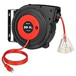 DEWENWILS Retractable Extension Cord Reel, 50FT Power Cord Reel with 14AWG/3C SJTOW, 13A Circuit Breaker, Wall/Ceiling Mounted, 3-Lighted Triple Outlets for Garage, Workshop, UL Listed, Red