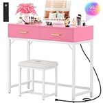 Cyclysio Vanity Desk with Charging Station, Pink Makeup Vanity with Lighted Mirror, Tri-Fold, Small Vanity Set with Drawers and 3 Outlets & 2 USB, 36'' Vanitys with Stool, Girls Vanity, Pink