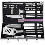 ROMANTICIST 25pcs Extra Thick Stainless Steel Grill Tool Set for Men, Heavy Duty Grilling Accessories Kit for Backyard, BBQ Utensils Gift Set with Spatula,Tongs in Aluminum Case for Birthday Silver