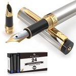 Dryden Designs Fountain Pen - Medium and Fine Nibs - Metallic Silver - Includes 24 Ink Cartridges - 12 Black and 12 Blue.