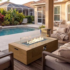 UPHA 50-inch Outdoor Patio Propane Gas Fire Pit Table 50000 BTU Concrete Round Firepit with ABS Tank Hidden Table, Wind Guard, Blue Glass Rocks, Rain Cover, Natural Wood Finish