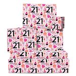 Pink Wrapping Paper for Women - 6 Sheets of Gift Wrap - Party - 21st Wrapping Paper for Her - For Friends or Girlfriend - Age 21 - Comes with Fun Stickers - By Central 23