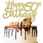 Happy Birthday 50th Cake Topper, Gold Cake Birthday Decoration for Women Men 50th Birthday, Glitter Happy Birthday Cupcake Toppers for Decorating 50th Birthday Cake Party