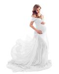 ZIUMUDY Maternity Off Shoulder Mermaid Chiffon Gown Maxi Photography Dress Baby Shower Photo Props Dress (White)