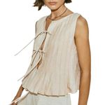 Linen Bow Tie Front Tank Top Women Coquette Pleated Peplum Blouse Y2K Babydoll Ruffle Shirt Sleeveless Tunic Outfits, Beige, Medium