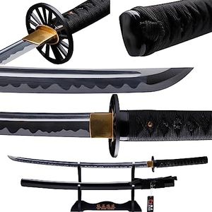 Dejiang Black Naga Katana Handmade, 1095 Carbon Steel T10, Real Samurai Sword with Katana Stand and Gift Box, Full Tang, Sharp, Qianying Style