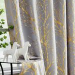 FMFUNCTEX 100% Blackout Curtains for Bedroom, Gold Foil on Grey Curtains 96 Inches Long for Living Room Tree Branch Metallic Pattern Curtains Thermal Insulated Room Darkening Drapes 2 Panels Grommet