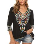 Higustar Mexican Tops for Women Embroidered Shirts Bohemian Hippie Clothes Tunic Fiesta Plus Size Boho Peasant Blouses, Black, Large