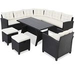 Casaria Poly Rattan Garden Furniture | WPC Dining Table Set | Outdoor Patio Conservatory Corner Sofa | Wicker Lounge Bench Seating | 9 Seater | Black With Cream Cushions