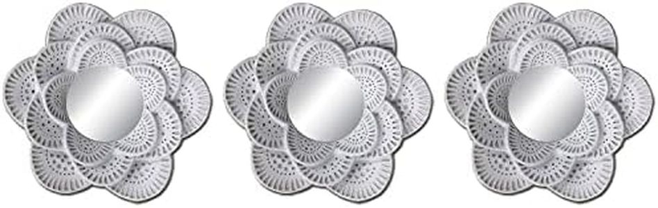 PREMIUS 3-Piece Flower Decorative Mirror Set, Featuring Round Raised Smooth Black with Silver Outlines On The Petals Creates Enormous Effect Silver, 26x9 Inches Overall (White)