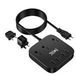 European Travel Plug Adapter, FOVAL EU UK US Power Strip with USB C and 4 USB Ports, 3 AC Outlets, Wall Mountable, 5ft Extension Cord, Compact for Travel, Cruise Ship, Home Office (Black)