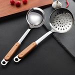 Kankuwar 2pcs Stainless Steel Kitchen Utensil Set - Long Soup Ladle and Slotted Spoon with Wooden Handles. Serving Spoon and Comfortable Skimmer for Cooking, Frying, and Serving in Restaurant and Home