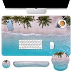 Britimes Blue Turquoise Ocean Keyboard Mouse Pad Set Desk Mat Beach Summer 4in1 Large Mousepad+Keyboard Wrist Rest+Mouse Wrist Rest+Coaster Ergonomic Design for Home Office Computer 35.4*15.7 Inches