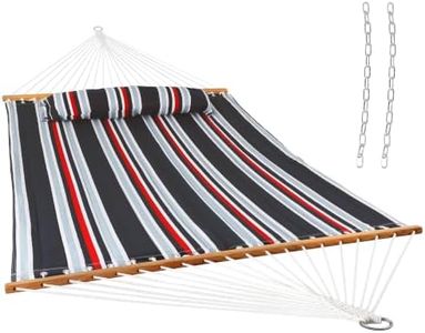 Sunnydaze Quilted Double Hammock for Outside with Spreader Bars and Pillow - 450 lb Capacity, 74x55 Inch Bed, UV Resistant, Quick Dry - Chains Included, Stand Sold Separately - Nautical Stripe